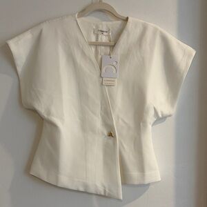 Commense Cream V-Neck Short Sleeve Blouse with Gold Button